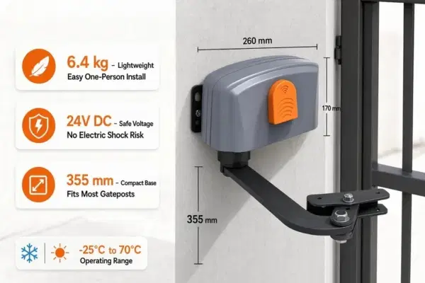 6.4 kg. 24V DC. Mounts to Most Gateposts in Hours.